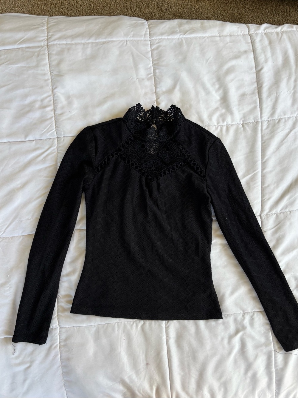 Black Lace-Trim Long Sleeve Women's Top